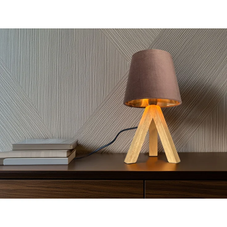 Tischlampe mit Dreibein aus Holz, Samtschirm Braun Gold, Höhe 27cm – Bild 7