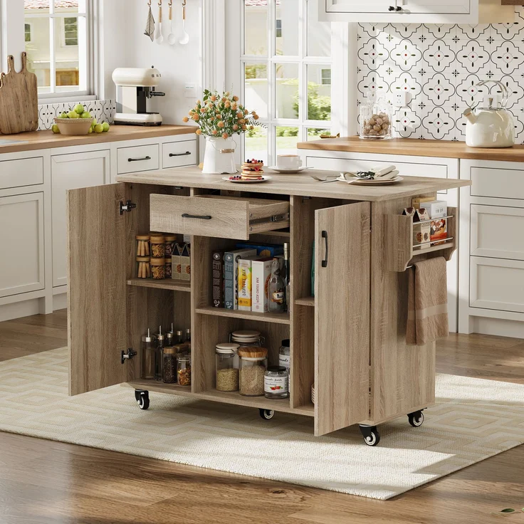 ZUBALIYA Küchenwagen 120 cm Arbeitsplatte – klappbare Arbeitsplatte, Schublade und 2 Schränke, 5 Rollen, 2 mit Bremse, Gewürzregal und Handtuchhalter, MDF, Sonoma-Eiche-Optik – Bild 1