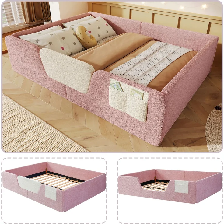 Polsterbett 140x190 cm aus Velours in Rosa mit abnehmbaren Seitengittern, ohne Matratze – Bild 3
