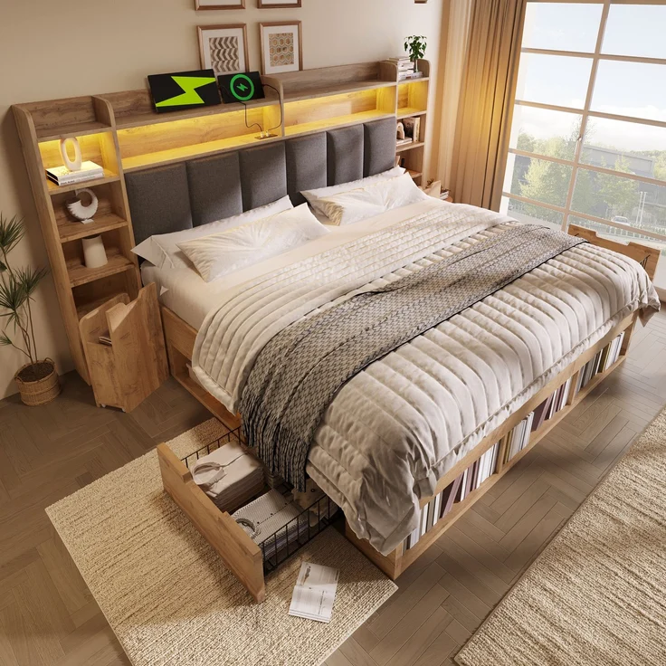 Merax 180x200 cm Doppelbett, Polsterkopfteil mit LED-Beleuchtung, Nachttische mit USB- und Type-C-Anschlüssen, Stauraum und Rollschubladen, Lattenrost aus Holz, Eichefarbe – Bild 5