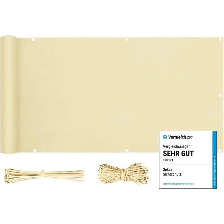 Sekey Balkon Sichtschutz Balkonabdeckung Balkonverkleidung blickdichte Wind- und UV-Schutz, 100% Privatsphäre, mit Ösen, Nylon Kabelbinder und Kordel, 75x300cm, Beige – Bild 1
