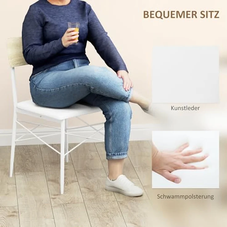 HOMCOM Esstisch-Set, rechteckig aus Eiche und Metall, 110x75x70 cm, inkl. 2 Stühlen und Bank, abgerundete Ecken, praktische Ablagefächer, Kunstlederbezug, für Esszimmer und kleine Küchen – Bild 4