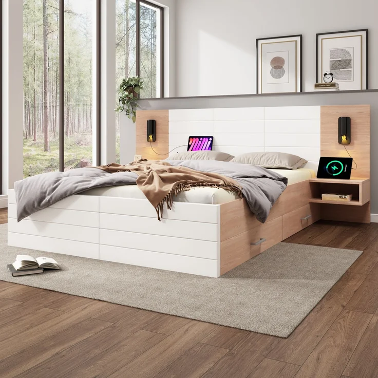 Doppelbett 160x200 cm Weiß Eiche mit Leselampe & USB-Ladeanschluss, Massivholz Bett mit Nachttisch und 2 Schubladen,inklusive Matratze – Bild 3