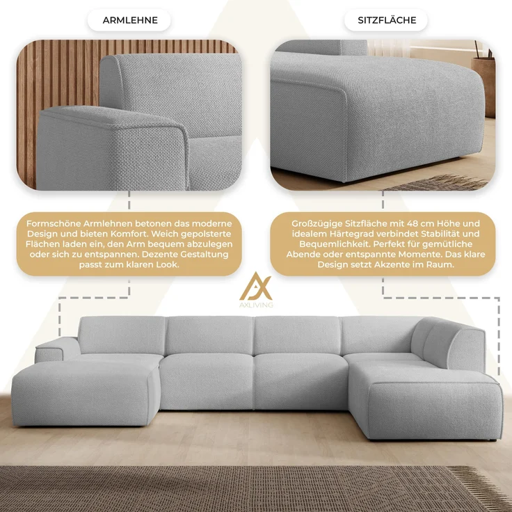 AX LIVING XXL Sofa U Form Didim Hellgrau 378cm breit modern & großzügig R – Bild 6