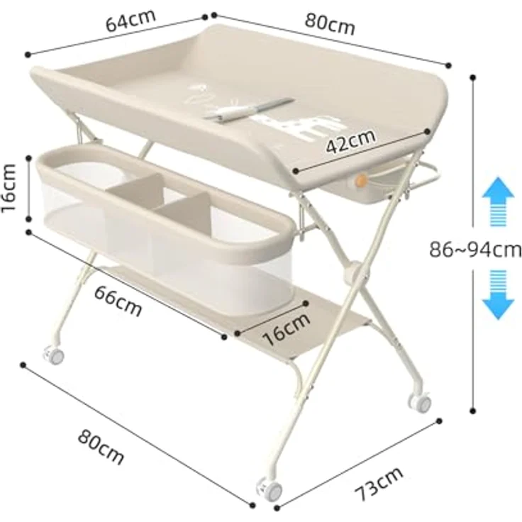 Wickeltisch, zusammenklappbar, mit Aufbewahrungskorb, Struktur aus Eisen, max. Belastung 25 kg, für Neugeborene, ergonomisches Design, Wickeltisch, 75 x 68 x 83–91 cm (A) Cremeweiß – Bild 7