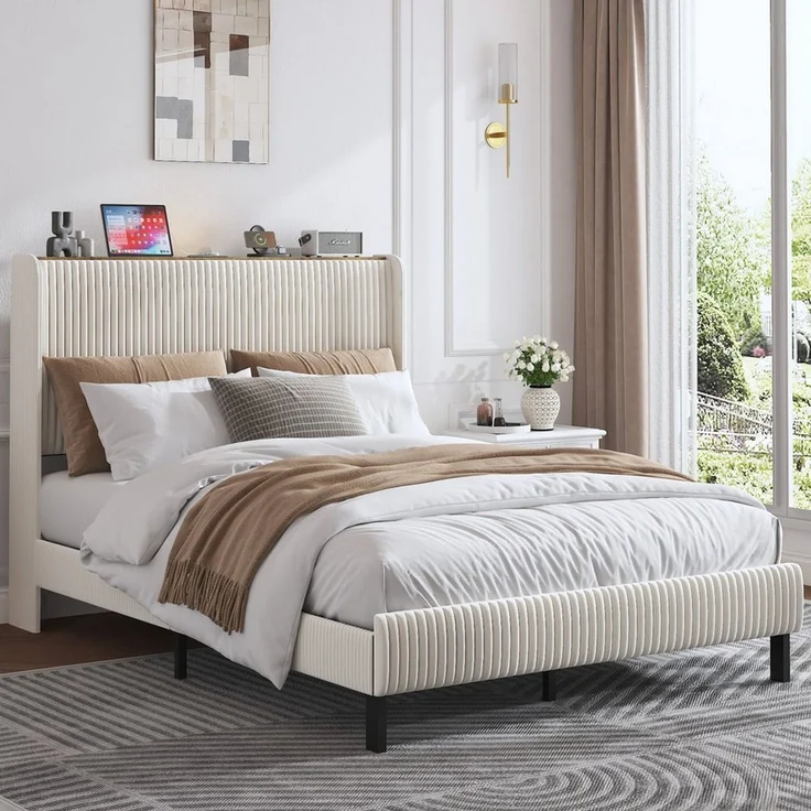STILVORA Polsterbett 140x200 mit Stoffköpfchen,Jugendbett Bettgestell aus Cord-Stoff – Bild 5