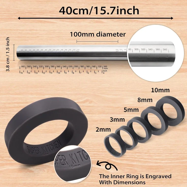 Edelstahl Nudelholz Antihaft Teigroller 40cm mit abnehmbaren Ringen – Bild 2