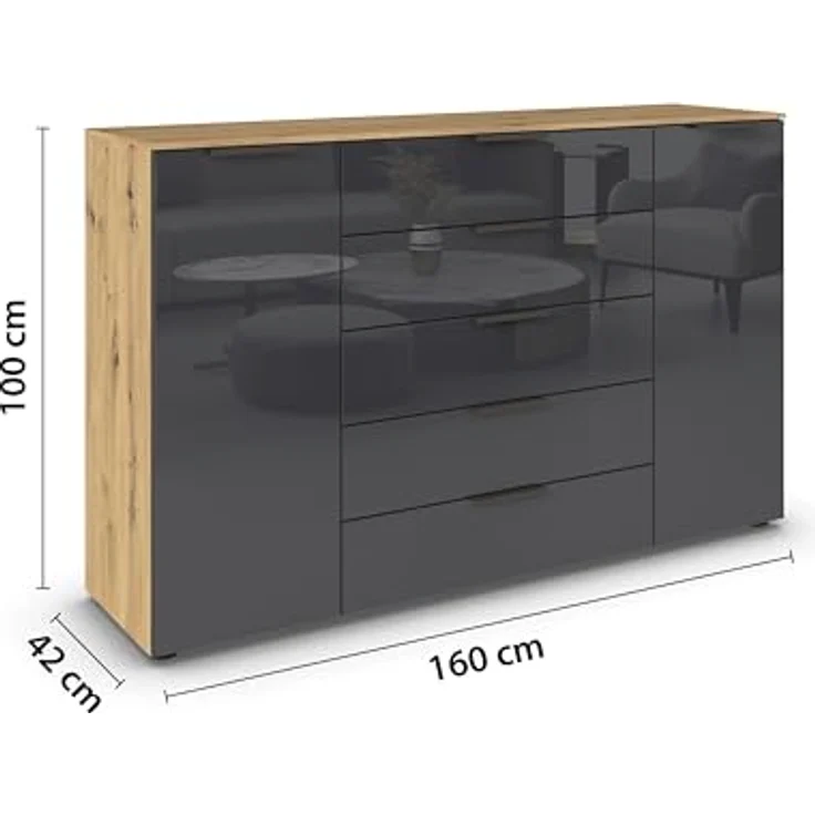 Rauch Möbel Flipp, Kommode für Schlafzimmer, Kinderzimmer, Wohnzimmer, Flur, Garderobe, 2-türig, 5 Schubladen, mit Softclose-Funktion, Farbe Eiche Artisan, Holz/Glas Basalt, Schwarz, Breite 160 cm – Bild 4