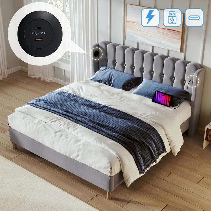 Einzelbett 160x200 cm Grau Leinen mit USB & Type-C Ladeanschluss,gepolstertes Kopfteil,Design-Paneel,stabiler Rahmen,inklusive Matratze – Bild 2