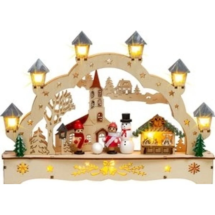 SIKORA Schwibbogen LB70s kleiner LED Holz Lichterbogen Dorfkirche mit Markt B: 27 cm, batteriebetrieben - sanft beleuchtet für sinnliche Weihnachten – Bild 6