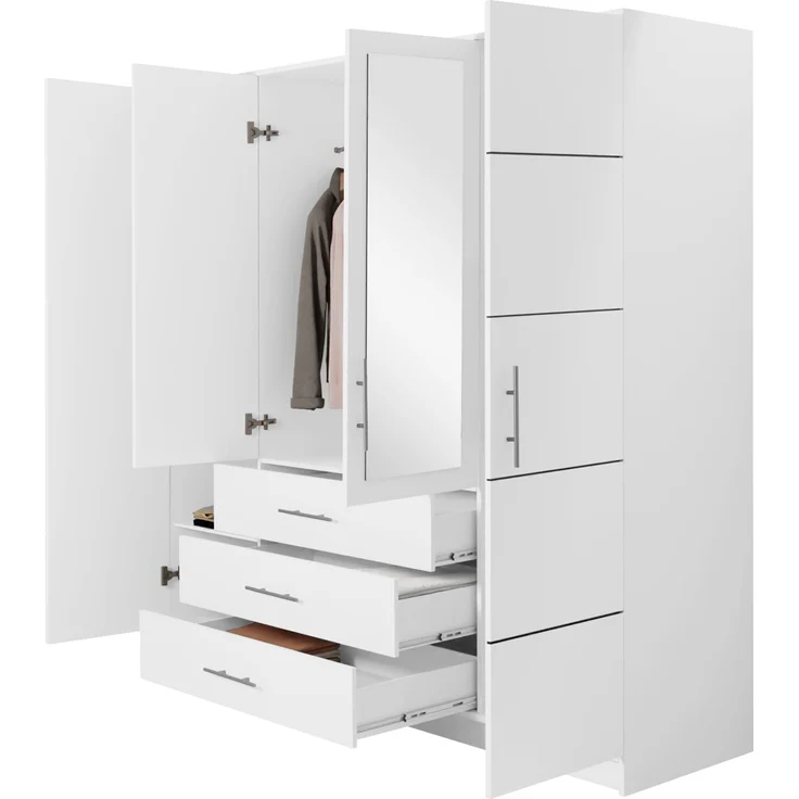 Mirjan24 'Bado 4D' Kleiderschrank mit Schubladen und Spiegel, Laminatplatte Weiß, 200 x 58 x 196 cm – Bild 3