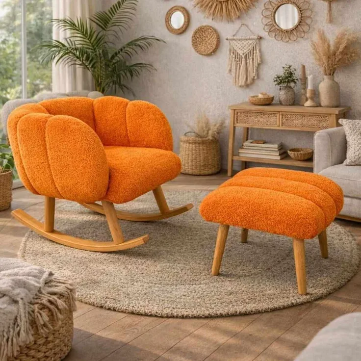 Hanah Home 'Lotus - Orange' Ohrensessel- und Hocker-Set (2-teilig), Orange, 70 x 94 x 42 cm