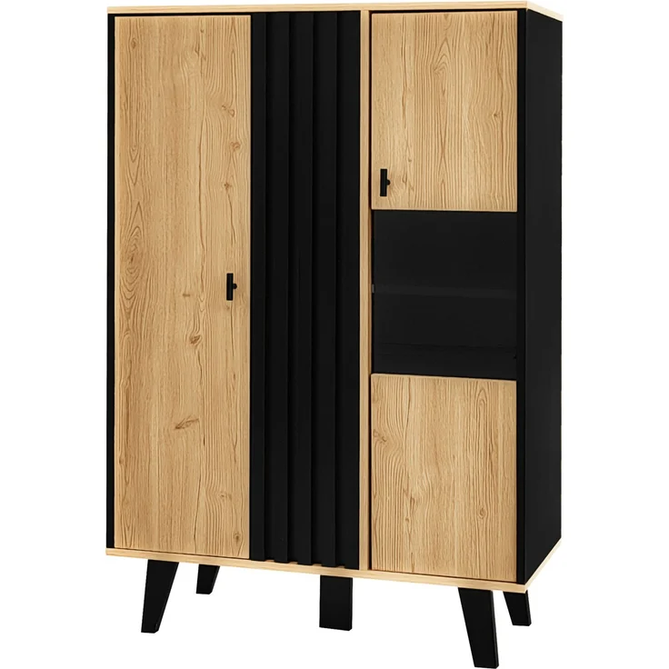 DESVIAE Vitrine mit Glastüren und LED-Beleuchtung, 80x120x40 cm, Spanplatte, Schwarz und Holzoptik – Bild 8
