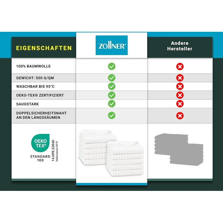 ZOLLNER 10er Set Handtücher in 50x100 cm, weiß, Baumwolle – Bild 6