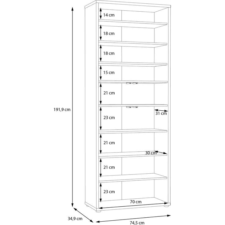 Forte ALICE SPRINGS Schuhschrank 70 80, moderner Flurschrank mit 4 Türen und 8 Einlegeböden, Holzwerkstoff, Salbei / Artisan Eiche Holzdekor, 74,5 cm breit x 191,9 cm hoch x 34,9 cm tief – Bild 7