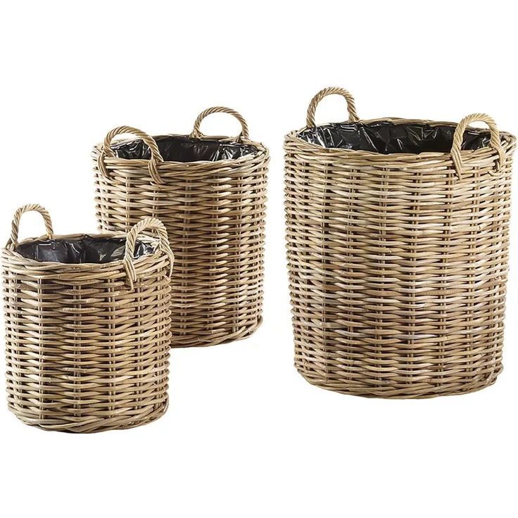 Kobolo Pflanzkübel Übertopf Rattan rund mit Folie ausgeschlagen S/3 (3 Stück)