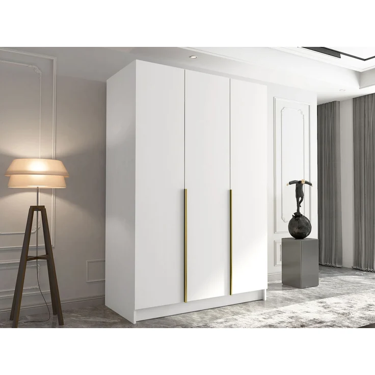 Mirjan24 'Cikzori' Kleiderschrank mit Einlegeböden und Kleiderstange, 3-türig, Laminatplatte, 215 x 58 x 150 cm, Weiß / Gold, ohne Spiegel – Bild 3