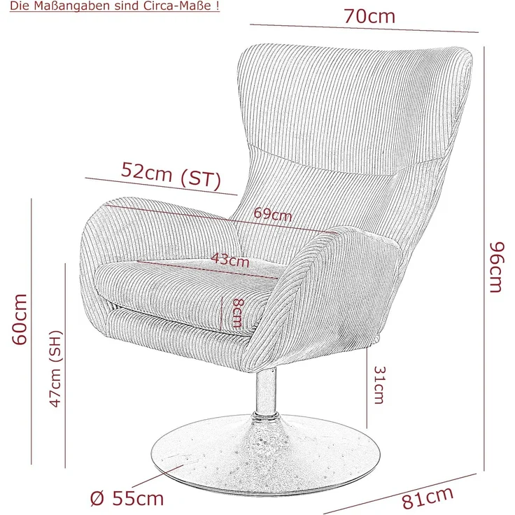 Hela Tische, Lounge-Sessel, Ohrensessel Samos, Bezug Cordstoff Beige, hoher Rücken, Trompetengestell 360° drehbar, 70 x 81 x 96 cm – Bild 3