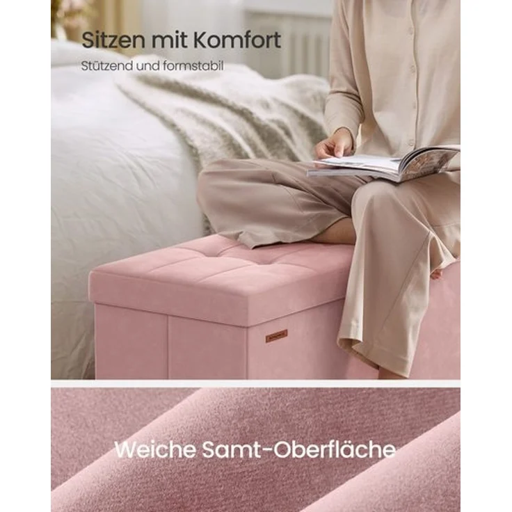 SONGMICS Sitzbank mit Stauraum, Hocker faltbar, 38 x 110 x 40 cm, Aufbewahrungsbox mit Deckel, Fußhocker 112 L, Samt, bis 300 kg belastbar, Flur Wohnzimmer Schlafzimmer – Bild 4