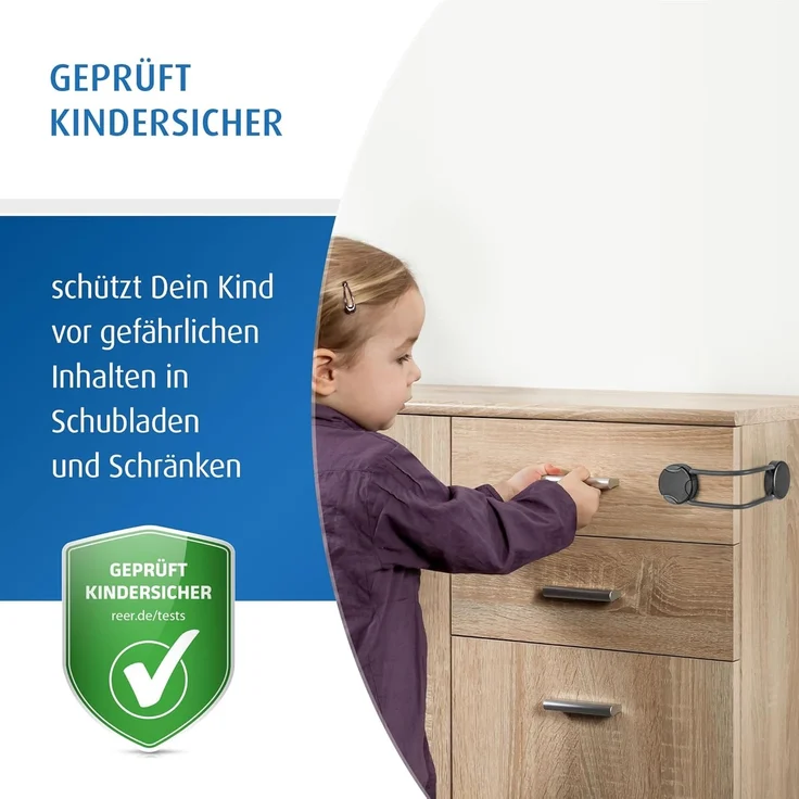 reer Multi-Sicherung 1 Stück, Kindersicherung für Schrank, Schublade und mehr, vom Schwäbischen Kindersicherheitsexperten, Schwarz – Bild 2