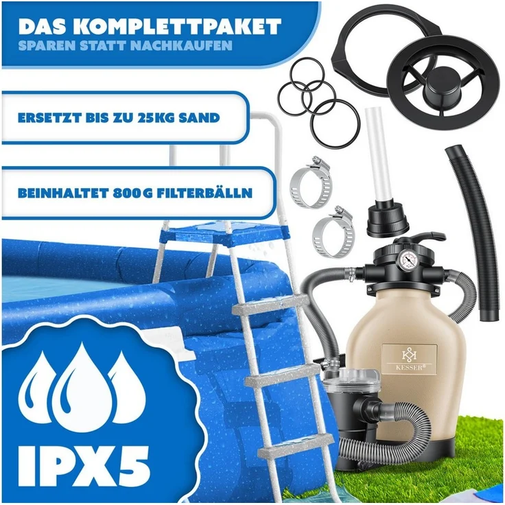 KESSER® Sandfilteranlage Sandfilter + 800g Filterbälle ersetzen 25kg Filtersand 7-Wege Ventil mit Druckanzeige Poolfilter 10 m³/h Filteranlage Filterkessel für Pool Schwimmbecken 10.200 L/h Gold / Sand – Bild 4