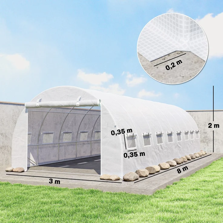 Wohnora-24 m² Tunnelgewächshaus (8 m L x 3 m B x 2 m H) – 16 Fenster, verzinktes Stahlrolltor mit Reißverschluss, PE-Abdeckung, weiß,H 2000cm x T 1190cm x B 3000cm – Bild 4