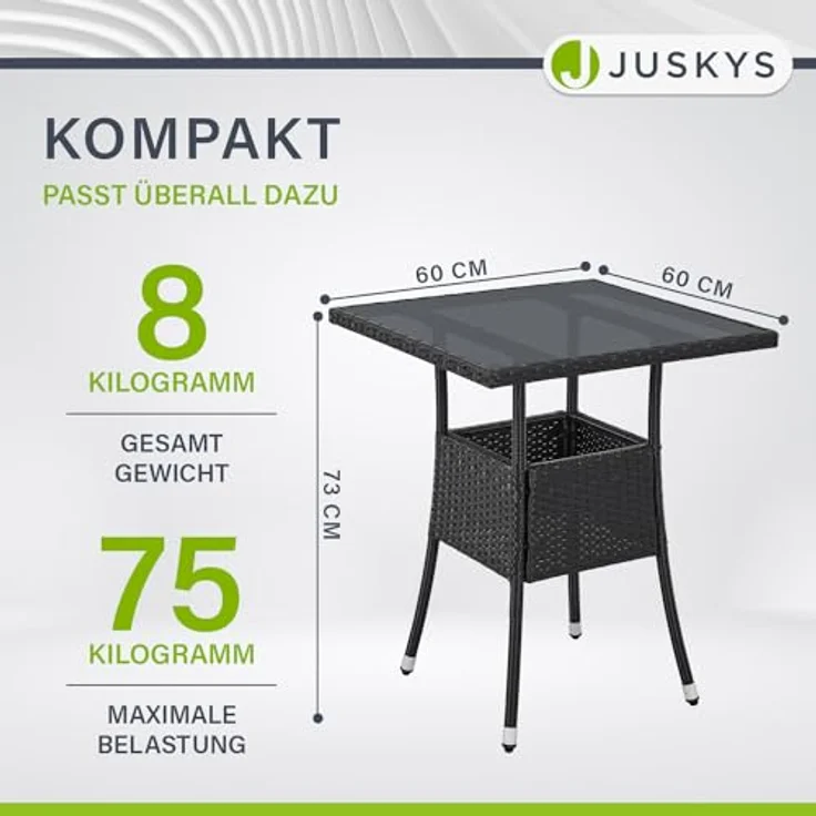 Juskys Polyrattan Gartentisch Yoro wetterfest - Balkontisch 60x60 cm eckig - Rattan Beistelltisch mit Glasplatte - kleiner Tisch für Balkon - Schwarz – Bild 3