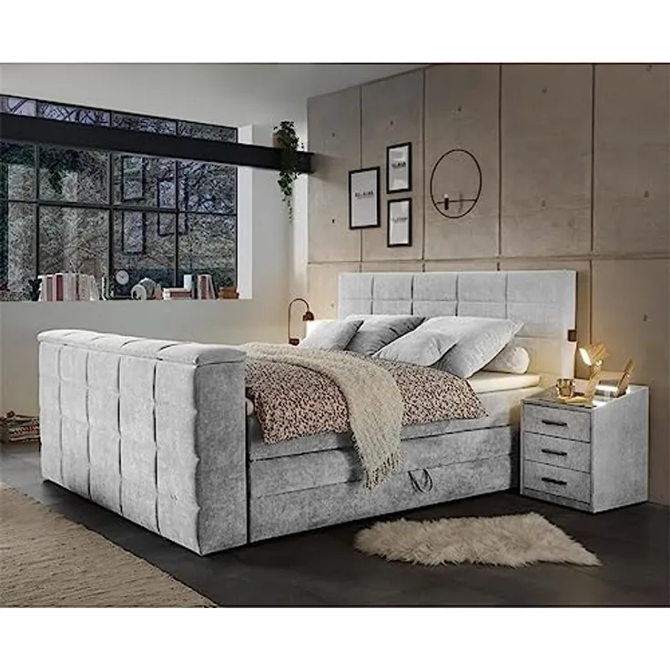 Boxspringbett 'DURAZNO-09' inklusive TV-Halterung und Bettkasten, silver, 180x200 cm