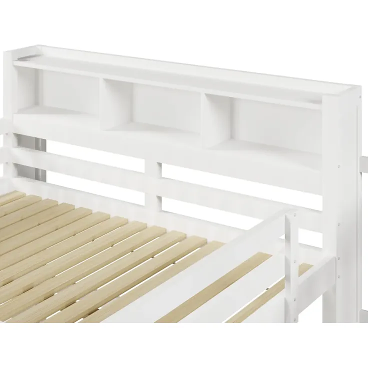 Hochbett mit RGB LED-Streifen, Stauraum, Lattenrost, Rausfallschutz und Regal, Treppe mit Regal, 140x200 cm, Kinderbett, Kiefer – Bild 10