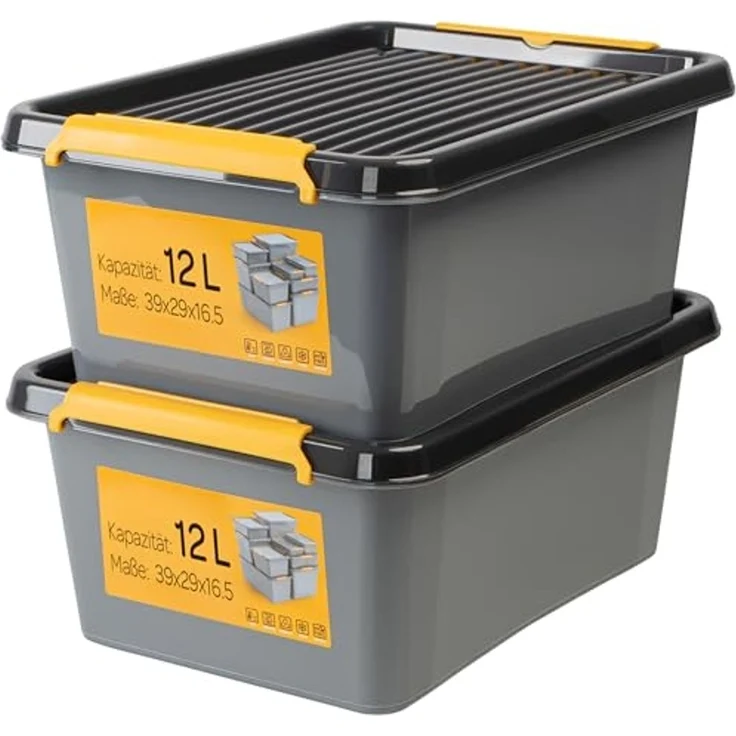 KONZEPT Aufbewahrungsbox mit Deckel, Stapelbox Set 2 Stk. für Keller, Werkstatt, Garage (2er Set), Stapelbare Boxen in verschiedenen Größen – Bild 1