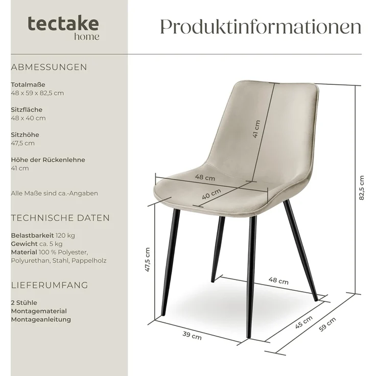 tectake Esszimmerstuhl Set Stuhl (2er Set, 2 St), gepolstert, in Samtoptik – Bild 3
