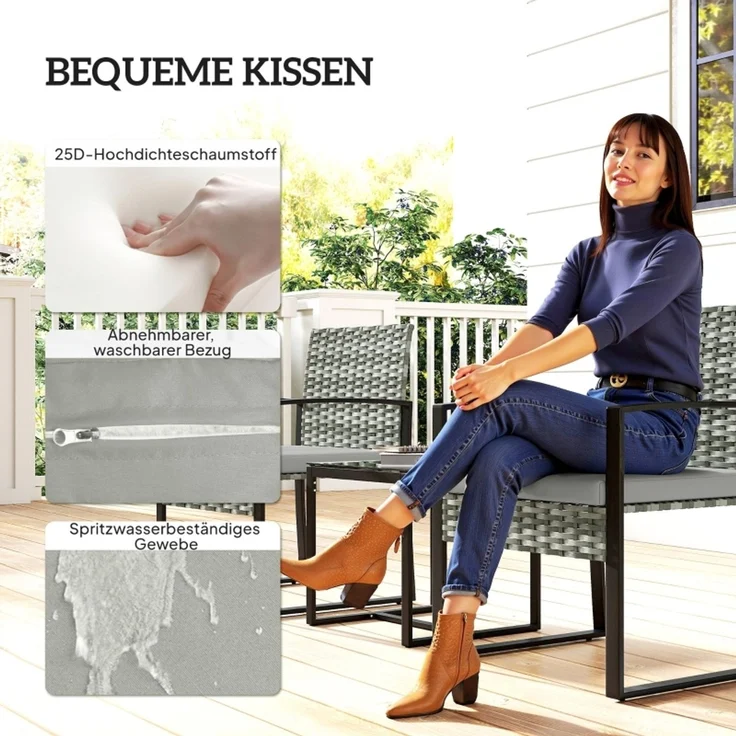 Rattan Bistroset, 3 teiliges Gartenmöbel-Set mit 2 Gartenstühlen, Couchtisch, abnehmbar Kissen Hellgrau – Bild 6