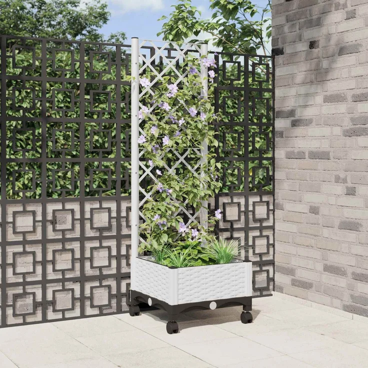 vidaXL Pflanzkübel mit Spalier und Rädern Weiß 40 x 40 x 131,5 cm PP 3422918 – Bild 1