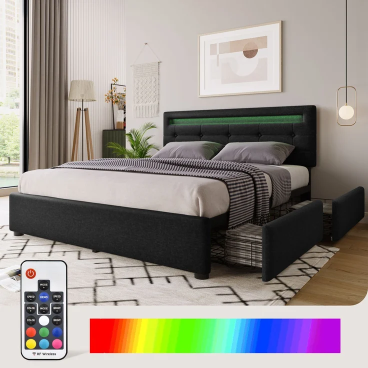 Einzelbett 140 × 200 cm mit LED-Beleuchtung, verstellbarem Kopfteil, 4 Schubladen, Leinenbezug in Schwarz, modernes Design,inklusive Matratze – Bild 2