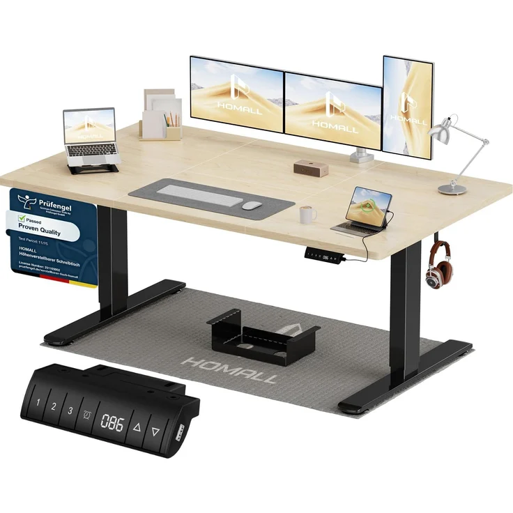 Homall Höhenverstellbarer Schreibtisch 140x70 cm mit USB-A Ladeanschluss, Elektrischer Schreibtisch mit Kabel Management Tray, Standing Desk mit 3 Memory Funktion, Computertisch Beige+Schwarz