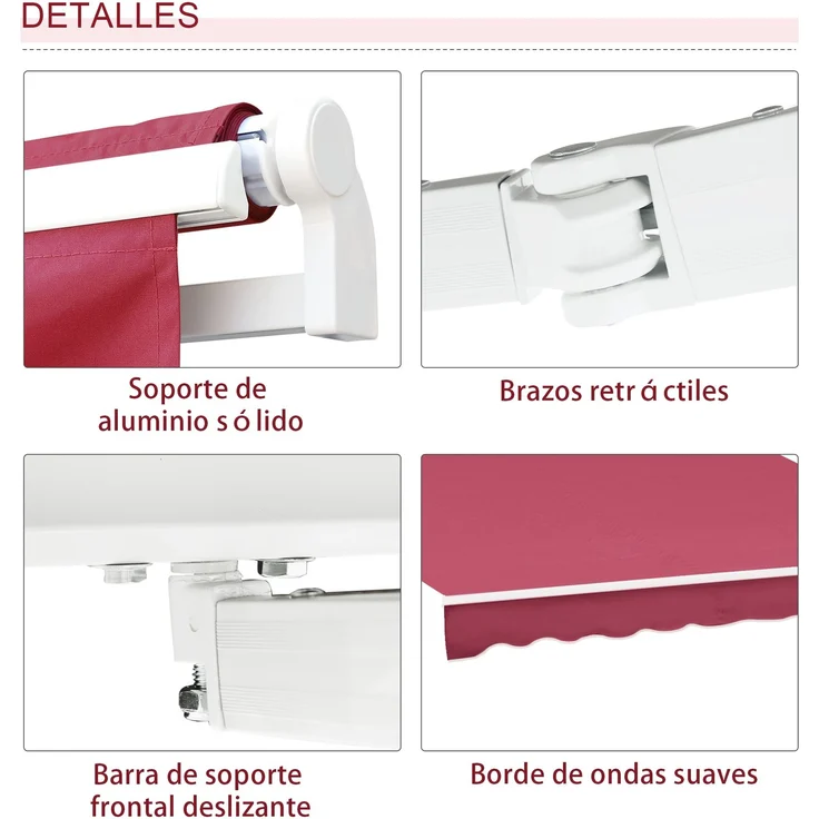 JARDJ Manuelle Markise 395 x 245 cm mit Kurbel, Balkon-, Terrassen- und Balkonmarkise, Aluminium und Polyestergewebe 280 g/m², UV-beständig, rot – Bild 8