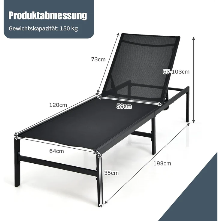 COSTWAY Sonnenliege mit 6-stufig verstellbarer Rückenlehne 150kg belastbar, Stahl/Stoff schwarz, 64 x 198 x 67-103 cm (L x B x H) – Bild 3