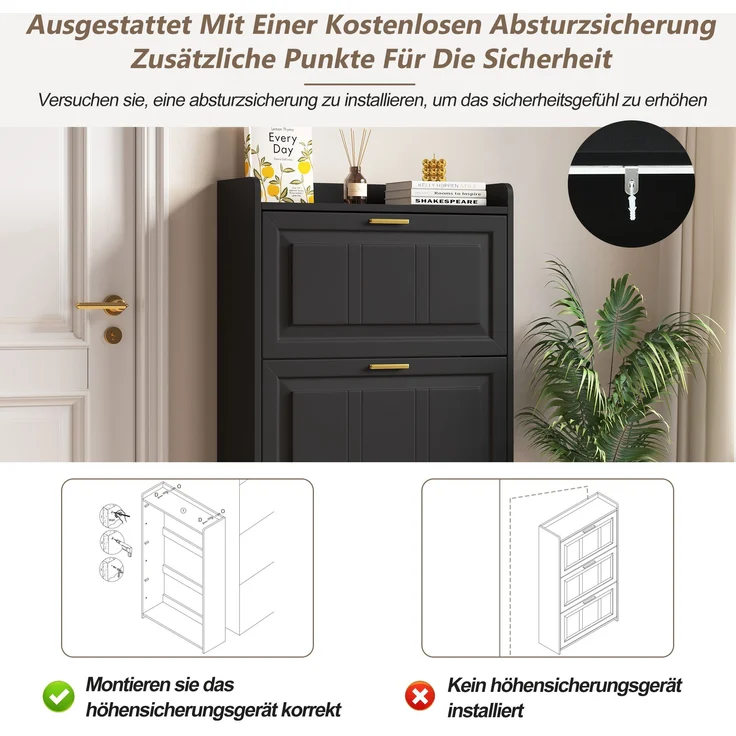 Schuhschrank 70x24x120 cm schwarz 2 Klapptüren 6 Fächer Ablagefläche – Bild 8