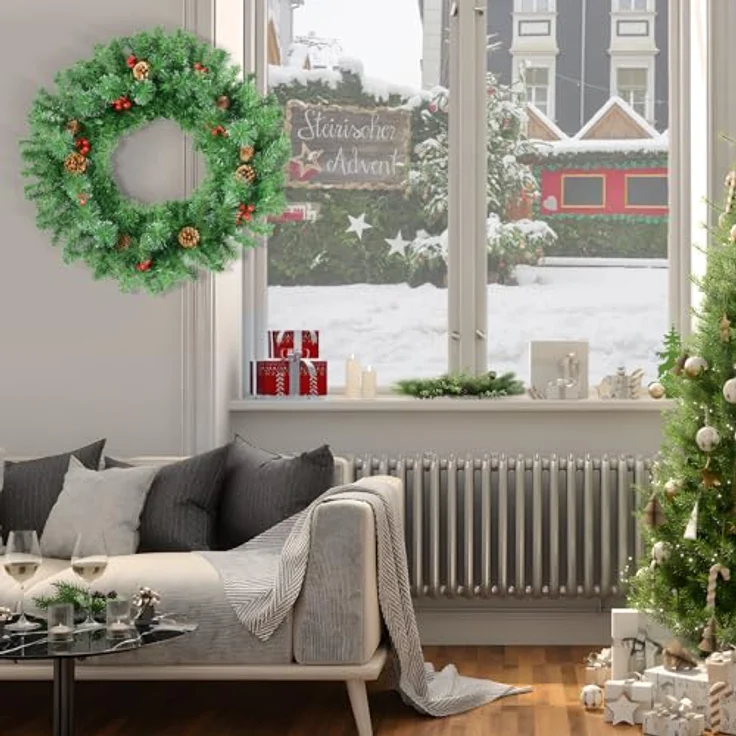 Tannengirlande Aussen Innen, Uten Künstlicher Weihnachtsgirlande 180cm Tannenzapfen und rote Beeren Weihnachtsdeko für Haustür, Treppe, Kamin – Bild 4