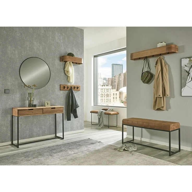 Haku Wandgarderobe aus Akazie Massivholz mit 7 Garderobenhaken aus Metall, schwarz-braun, 100x20x13 cm – Bild 3