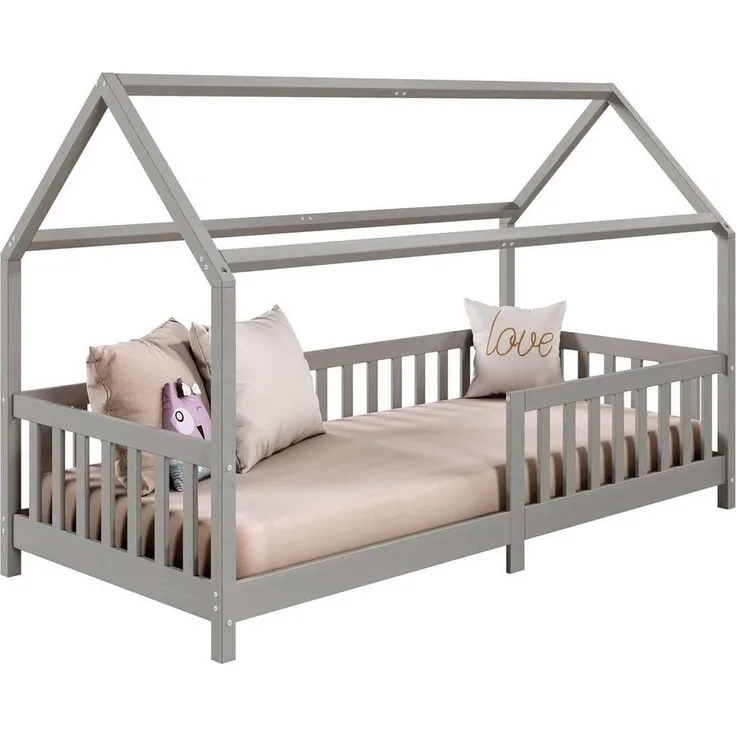 IDIMEX Kinderbett NINA, Hausbett Montessori Bett Kiefer 90 x 200 Tipibett mit Dach und rausfal