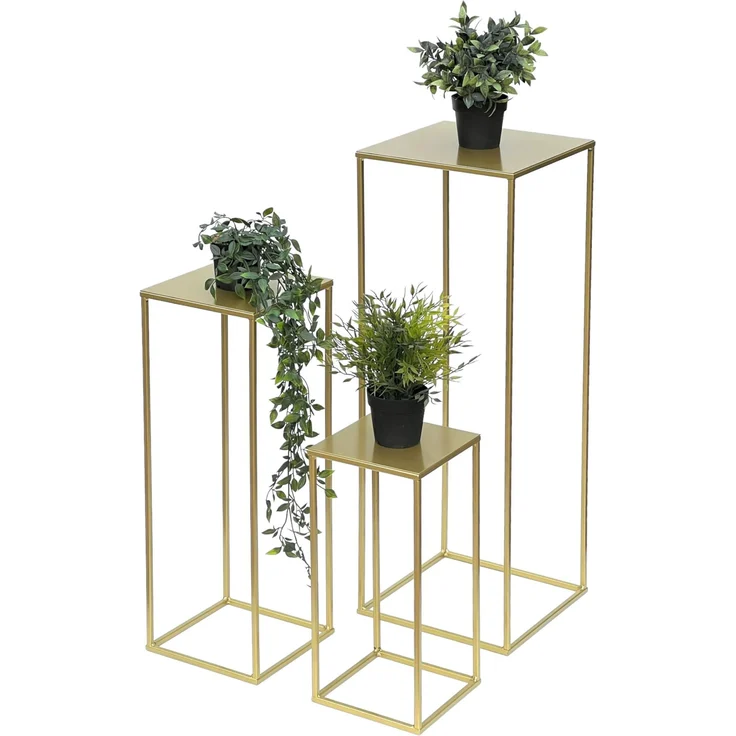 DanDiBo Blumenhocker Metall Gold Eckig 3er Set Blumenständer Beistelltisch 96406 Blumensäule Modern Pflanzenständer Pflanzenhocker – Bild 1