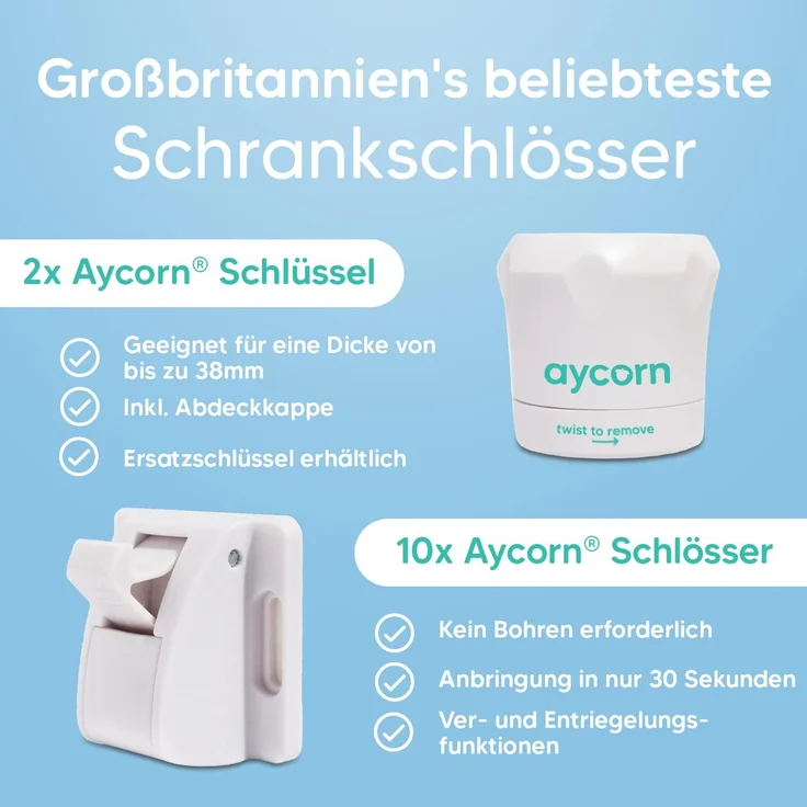 AYCORN Magnetisches Schrankschloss für Kinder und Babys - unsichtbare Kindersicherung für Schrank & Schublade - 10 Schlösser + 2 Schlüssel ohne Schrauben und Bohren - Einfache Montage BONUS Video – Bild 2
