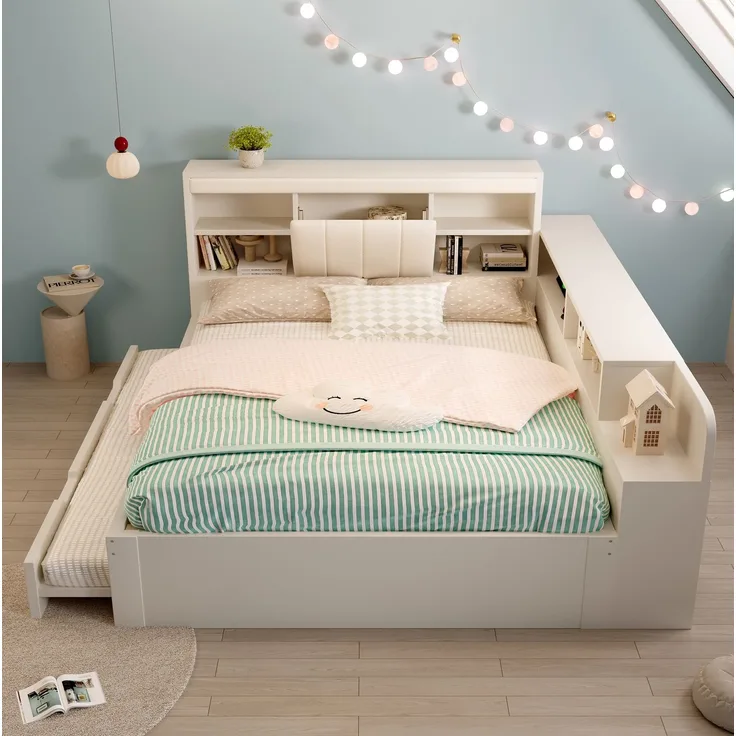 Tagesbett aus Holz mit Ausziehbett, Licht & USB-Anschluss, 140x190 cm, Weiß, ohne Matratze