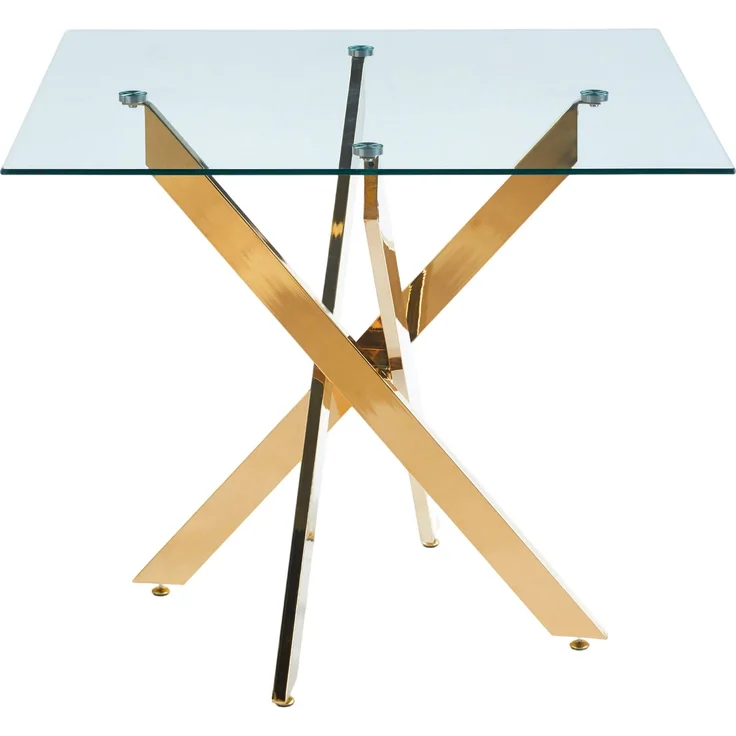 Esstisch 80x80x75 cm mit Glasplatte und goldfarbenem Metallgestell, modern und pflegeleicht – Bild 2