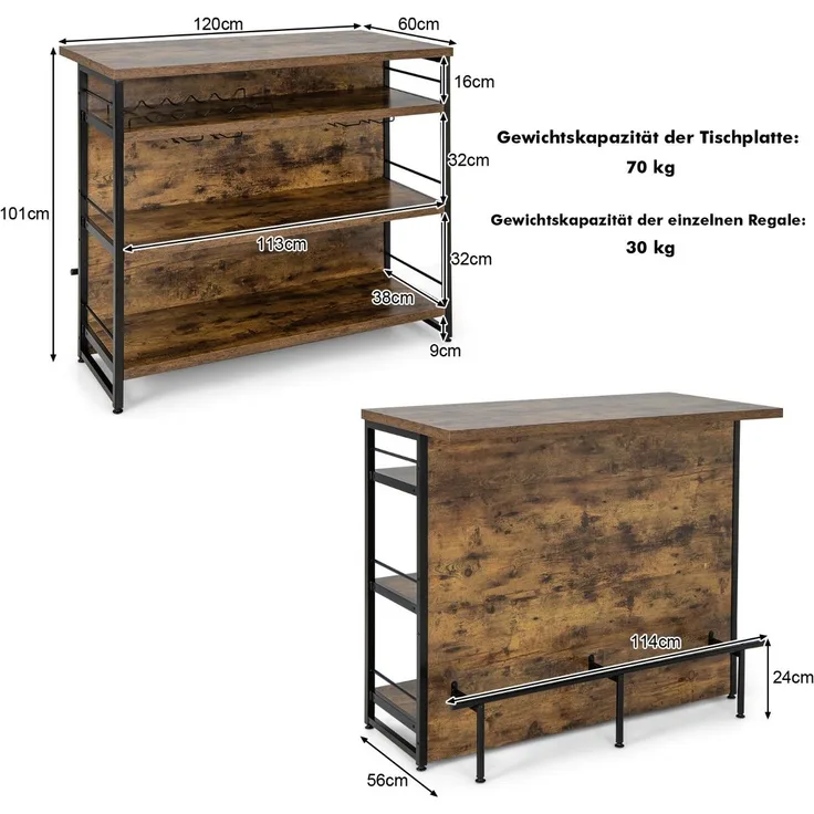 Hausbar Schrank mit 4 offenen Ablagen & Weinregal & Gläserhalter & Verstellbaren Fußpolstern