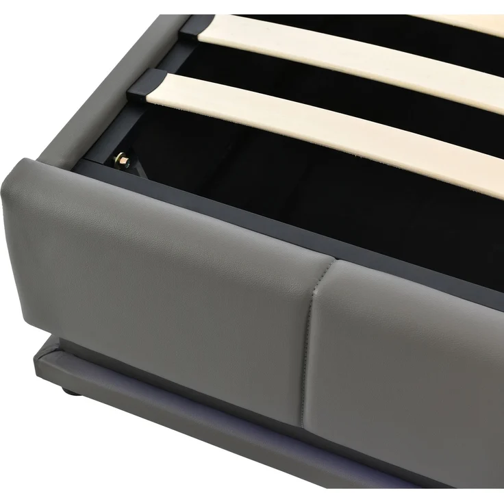 Merax LED Hydraulisches Polsterbett 140x200 aus Kunstleder Doppelbett mit Höhenverstellbares Kopfteil & Lattenrost Dunkelgrau – Bild 10
