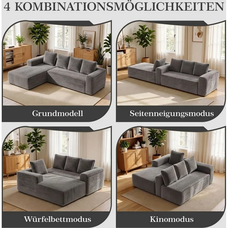 ANYSUN Ecksofa Couch L-Form, mit Liegeflache 4-Sitzer Ecksofa, Cord-Schlafsofa, 261×173 ×58 cm Modernes, modulares Sofa Links / Rechts Chaiselongue Sofa, Chaiselongue für Wohnzimmer und Schlafzimmer, montagefrei – Bild 2