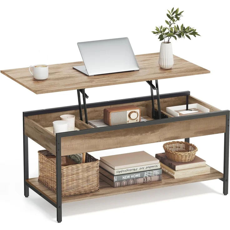 VASAGLE Couchtisch, höhenverstellbar, mit offenem Fach und versteckten Fächern, Holz/Metall Kamelbraun-tintenschwarz, 50x100 cm – Bild 1