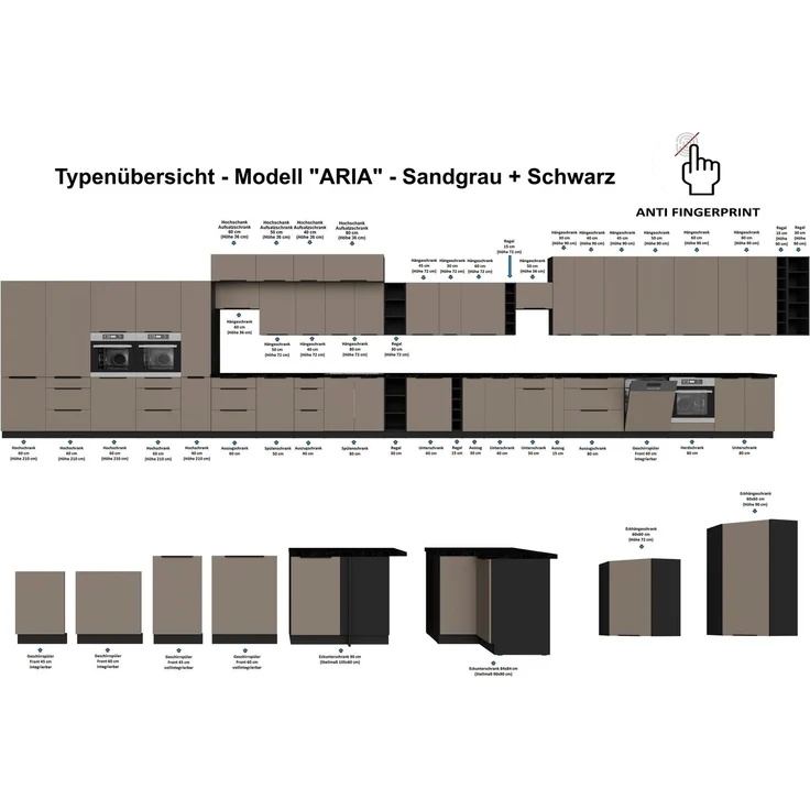 Küchen Eckhängeschrank 60x60 cm - Höhe 90 cm Küche ARIA Sandgrau ultra matt + Schwarz matt, hochwertige Fronten mit Anti Fingerprint Beschichtung Küchenzeile Küchenblock – Bild 5